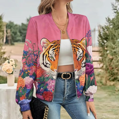Vintage Fall/Winter Casual Animal Print Graphic Coat Women's Basic Crew Neck Long Sleeve Fashion Bomber Jacket