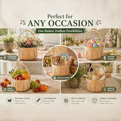 Small Round Natural Woodchip Wooden Decorative Storage Basket with Handle - size: 5.5" Dia x 3.85" H