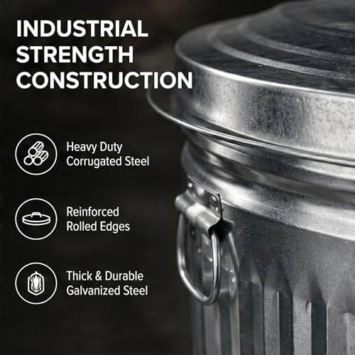 31 Gallon Metal Trash Can, Galvanized Steel Trash Can with Locking Lid – Outdoor & Indoor Heavy-Duty Garbage Can, Rodent & Rust Resistant, Ideal for Yard Waste, Pet Food Storage, and More