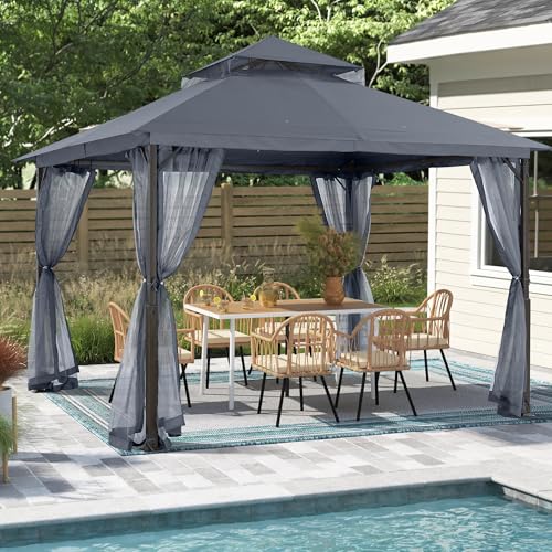 MASTERCANOPY Outdoor Patio Gazebo with Double Roofs, Stable Steel Frame and Mosquito Netting (11x13,Dark Gray) - color: Dark Gray, size: 11x13