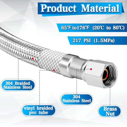 Stainless Steel Refrigerator Water Line Kit - 10ft Braided 1/4" Fitting with Brass Tee Stop Valve, Wrench, Sealing Tape for Ice Maker Water System