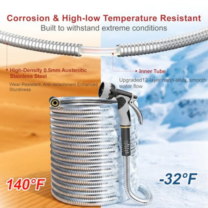 Lefree 100ft Metal Garden Hose - Heavy Duty 304 Stainless Steel Flexible Water Hose, No Kinks & Leak-Proof with Upgraded Handle, 10-Function Spray Nozzle & 4 Spare Gaskets for Yard, RV, Pet Bath - color: Gray, size: 100FT