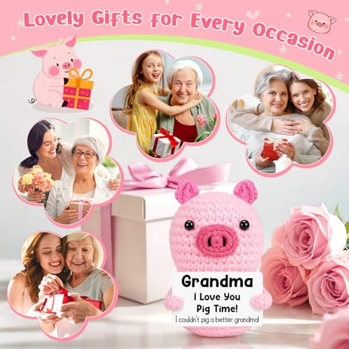 GevGuxLuo Funny Positive Pig Birthday Gifts for Grandma Women,Handmade Crochet Animals Pig Grandma Gifts from Granddaughter Grandson for Birthday Positive Cute Desk Decor - style: Grandma