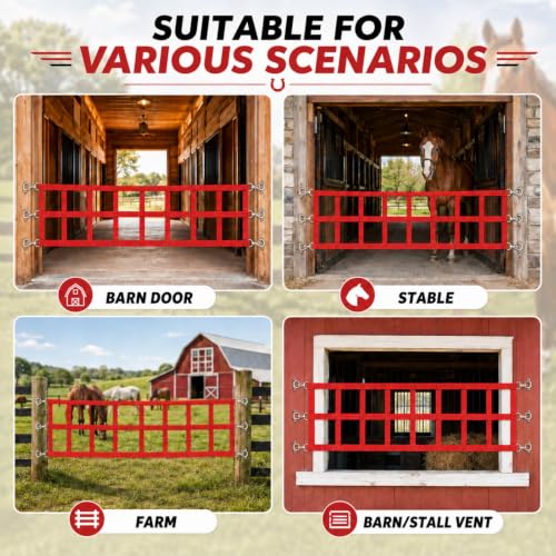 10 ft Adjustable Stall Guards for Horses Heavy Duty Polypropylene Webbing Stalls Guards Red Stall Gate with 6 Nails and 6 Hooks for Stables Barns Breeding to Keep Horse Securely