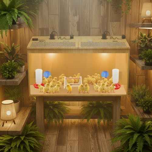 Brooder Box for Chicks, 32 Inch Large Wooden Chicken Brooder Box with 75W Heat Lamps, Thermometer, Chicken Feeder & Waterer Set, Tin Foil, Ideal for 12-15 Newborn Chicks Ducks Quails, Large