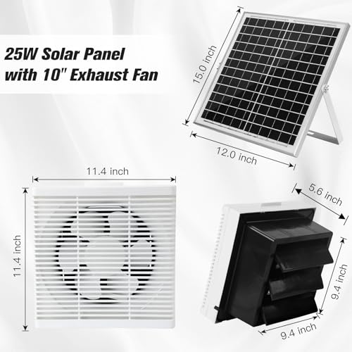 blessny Solar Powered Exhaust Fan, 25W Solar Panel +10" Shutter Ventilation Vent Fan for Outside Greenhouse, Chicken Coop, Shed, Pet House - size: 10" Fan Kit