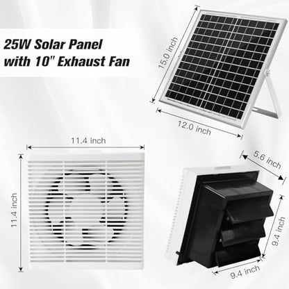 blessny Solar Powered Exhaust Fan, 25W Solar Panel +10" Shutter Ventilation Vent Fan for Outside Greenhouse, Chicken Coop, Shed, Pet House - size: 10" Fan Kit