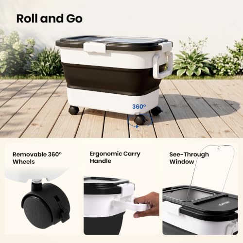 Wood Pellet Storage Container 20-25lbs, Airtight Bin with Locking Lid & Clear Window, Collapsible Pellet Bucket with Wheels, Scoop & Labels, Black & White - color: Black-M
