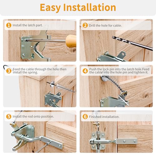 Gate Latch with Spring Cable Pull for Fence Gate - Carbon Steel - Black, Self Locking Fence Gate Latch, Door Latch for Outdoor Fence, Secure Pool, Garden, Shed, Cage (1, Galvanized Silver)