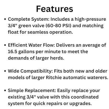 Ritchie 3/4" Green Valve Package with Float #16993 – High Pressure Livestock Waterer Valve Kit, 16.5 GPM Flow Rate, Compatible with Ritchie Automatic Waterers