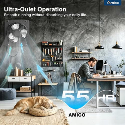 Amico 12" Shutter Exhaust Fan with Thermostat and Humidity Control,1238 CFM Attic Fan with 8-Speed Auto Adjust,25W Brushless DC Motor Vent Fan for Greenhouse,Garage,Chicken Coop,Gable Wall Ventilation - size: 12 Inch