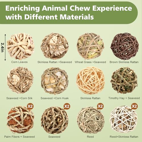 Bunny Chew Grass Balls, Rolling Chew Toys for Small Animals, Improving Dental Health, Natural Chew Grass Toys for Rabbits, Guinea Pigs, Chinchillas, Hamsters, Mice (16 Pcs) - size: Rabbit balls-16P