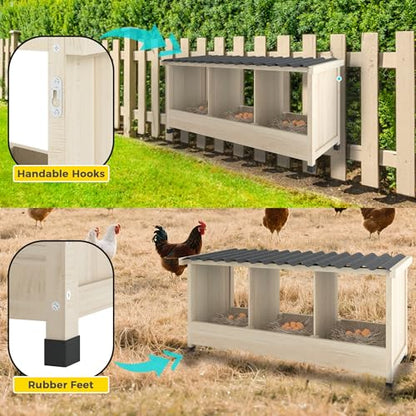 Chicken Nesting Box, 3 Holes Wooden Nesting Box, Hens-Wall Mounted or Floor Use, Chicken Coop Accessorie with PVC Roofing, Preventing Egg Falls, Easy to Assemble, Backyard and Farms - size: 37.8"L x 13.0"W x 16.9"H