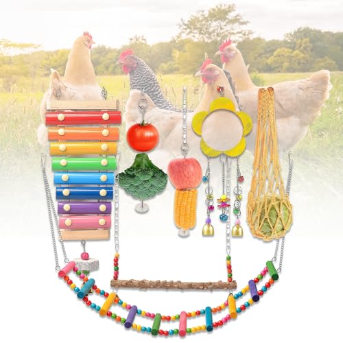 7Pack Chewing Foraging Toy for Chicken Coop Accessories Xylophone Swing Ladder Bridge Mirror Wooden Hanging Feeder Bell Toys Playing Training Toys for Budgerigar Parakeet Hens Birds Cockatiel Mynah