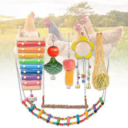 7Pack Chewing Foraging Toy for Chicken Coop Accessories Xylophone Swing Ladder Bridge Mirror Wooden Hanging Feeder Bell Toys Playing Training Toys for Budgerigar Parakeet Hens Birds Cockatiel Mynah