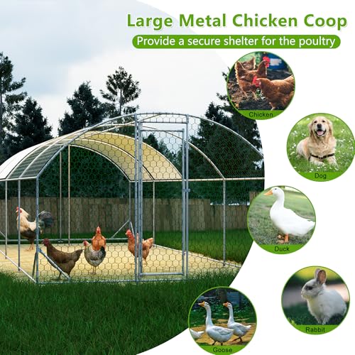 Large Metal Chicken Coop, Walk-in Chicken Run Cages with Waterproof and Anti-Ultraviolet Cover for Outside(10' L x 26 W x 6.56' H) Dome Top