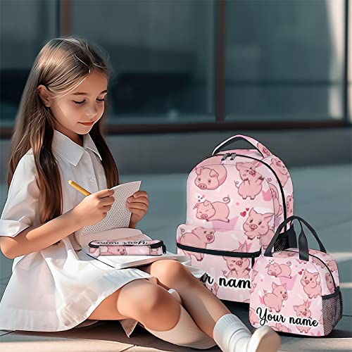 Personalized Pig Backpack with Lunch Box and Pencil Case, 16 Inch Cute Pig Bookbag Durable, Lightweight, Large Capacity, Funny Animal Backpack for School Girls Kids Women - color: Style-3-3