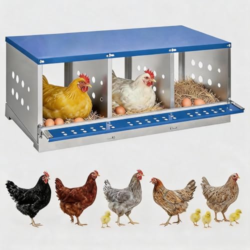 Chicken Nesting Box, 3 Compartment Nesting Boxes for Chickens, Durable Galvanized Steel, Ventilated with Dot Holes, Non-Slip, Wall Mountable Nesting Boxes for Chicken, Partitioned Design, Blue - size: 3 Compartment