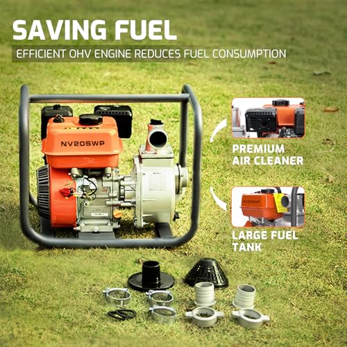 NOVUS 2-inch Semi Trash Pump, 212cc 4 Cycle Engine, 141 GPM 100ft Lift 23ft Suction, Gas Powered Water Pump for Pond Pool Draining Gardening Irrigation,EPA Certified - size: 2" Semi Trash Pump