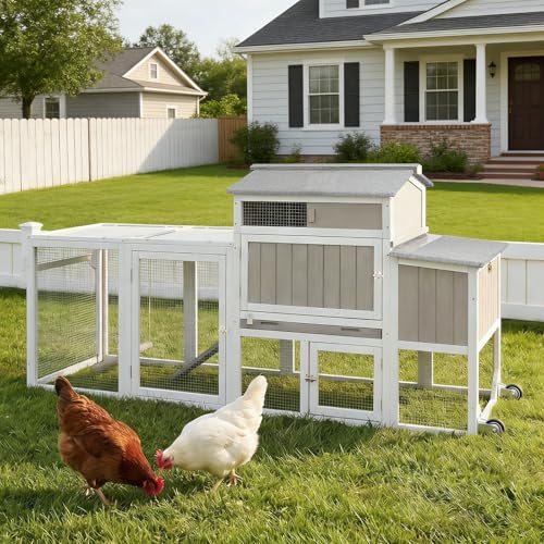 Ketive Wooden Chicken Coop with Wheels – Large Movable Outdoor Hen House with Waterproof Clear Sunlight Panel Roof, Nesting Box & Easy-Clean Tray – Spacious Backyard Poultry Tractor Grey - color: Grey, size: 77.4"L x 23.2"W x 39.3"H