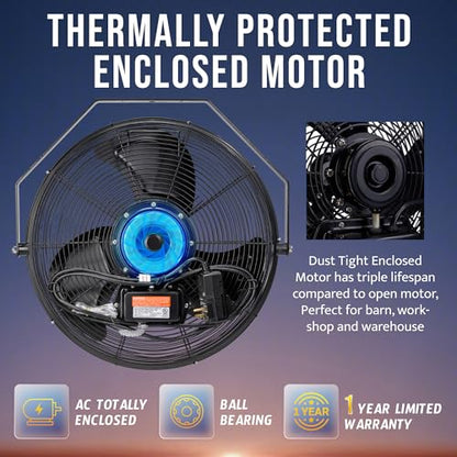 Tornado 18" Outdoor IPX4 Rated Water-Resistant Metal Industrial Wall Mount Fan, 3 Speed High Velocity Wall Fan For Commercial, Industrial, Residential Use, 4150 CFM 6.6 FT Cord 180°Tilting, Black - size: 18 Inch
