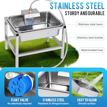 3Gal Automatic Dog Water Bowl Dispenser for Large Dogs Outdoor Elevated Dog Water Bowl with Stand, Stainless Steel Pet Waterer with Float Valve for Large Breed Goat Livestock