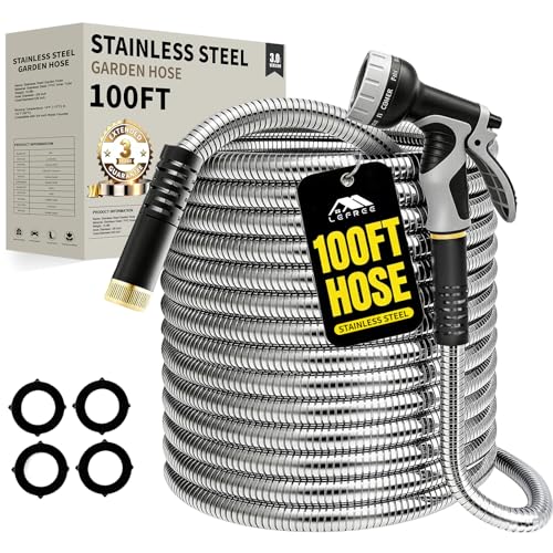 Lefree 100ft Metal Garden Hose - Heavy Duty 304 Stainless Steel Flexible Water Hose, No Kinks & Leak-Proof with Upgraded Handle, 10-Function Spray Nozzle & 4 Spare Gaskets for Yard, RV, Pet Bath - color: Gray, size: 100FT