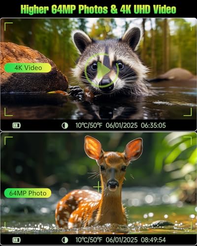 Trail Camera 4K 64MP with 5000mAh Rechargeable Battery 64GB Micro Memory Card IP67 Waterproof, Night Vision, Motion Activated, Solar Powered Wildlife Hunting Camera Outdoor