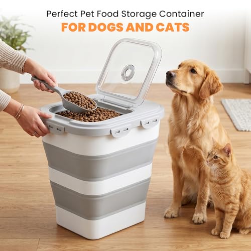 40 Lbs Dog Food Storage Container with Wheels, Collapsible Pet Food Storage Container with Clear Window, 2 Measuring Cups and Scoop, BPA Free Cat Food Container for Rice, Flour, Grain, Bird Seed - color: Grey/40lbs