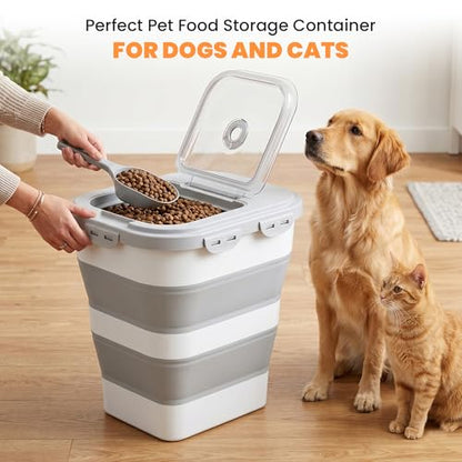 40 Lbs Dog Food Storage Container with Wheels, Collapsible Pet Food Storage Container with Clear Window, 2 Measuring Cups and Scoop, BPA Free Cat Food Container for Rice, Flour, Grain, Bird Seed - color: Grey/40lbs