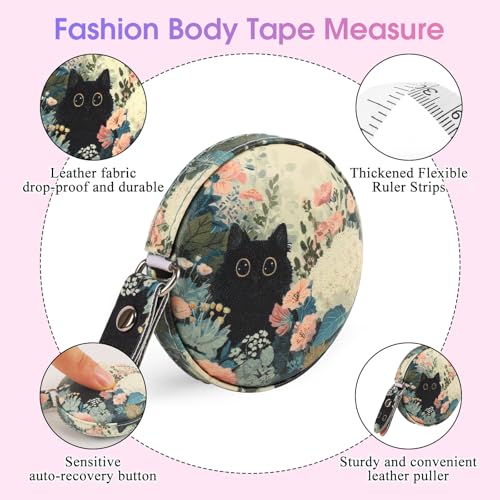 Retractable Mini Tape Measure, Auto-Retract, Premium Leather Tape Measure, Dual-Sided Ruler, Ideal for Fabric Cutting, Body Measurements, and Handicrafts (Black Cat) - color: Black Cat