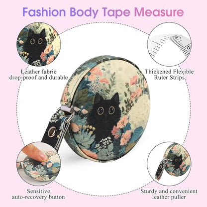 Retractable Mini Tape Measure, Auto-Retract, Premium Leather Tape Measure, Dual-Sided Ruler, Ideal for Fabric Cutting, Body Measurements, and Handicrafts (Black Cat) - color: Black Cat
