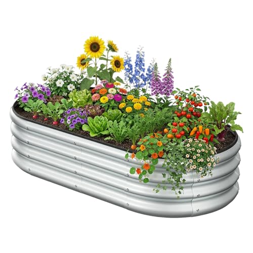 4x2x1 FT Oval Metal Raised Garden Bed, Open Bottom Design Elevated Garden Planter Box Outdoor, Trough Planter for Outdoor Plants, Flower, Vegetables, Fruit, Herbs (Silver, 1PC) - color: Silver, size: 4×2×1 FT (1PC)