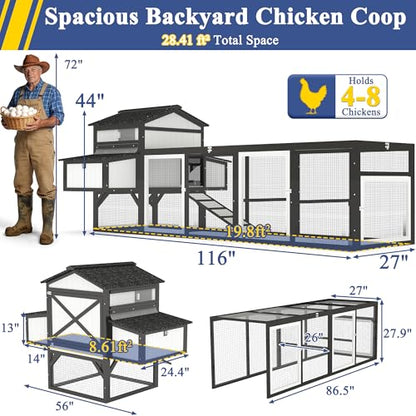 Ketive 116" Large Chicken Coop with Run, Wooden Hen House Outdoor Poultry Cage 28.41 ft² for 4–6 Chickens, 4 Nesting Boxes, 4 Perches, Easy-Clean Slide Out Tray, Expandable Backyard Coop - size: 116.0"L x 56.0"W x 44.0"H
