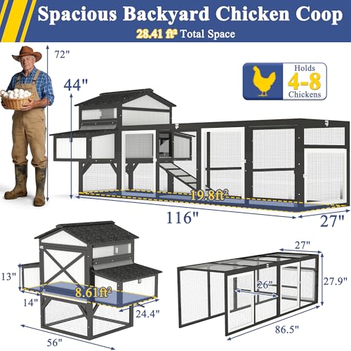 Ketive 116" Large Chicken Coop with Run, Wooden Hen House Outdoor Poultry Cage 28.41 ft² for 4–6 Chickens, 4 Nesting Boxes, 4 Perches, Easy-Clean Slide Out Tray, Expandable Backyard Coop - size: 116.0"L x 56.0"W x 44.0"H