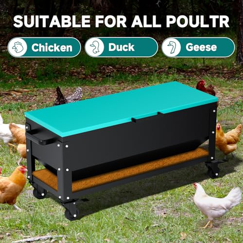 Heavy Duty Chicken Feeder 120 lbs Large Capacity, Metal Automatic Poultry Feeding Box with Waterproof Lid, Raised Standing Feeder with Wheels for Hens & Roosters, Portable & Easy to Move - color: Green