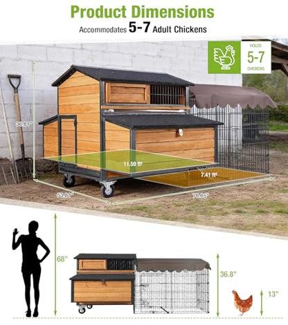 GUTINNEEN Large Chicken Coop with Run with All-Arounded Iron Frame Chicken Tractor Mobile Chicken House with Large Run and Nesting Box Waterproof Outdoor Poultry Cage for Backyard - size: 76.7"L x 53.8"W x 36.8"H