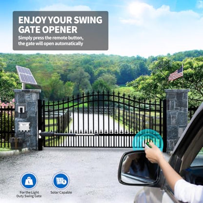 TOPENS A3S Automatic Solar Gate Opener for Light Duty Single Swing Gates Up to 12ft, Single Swing Gate Operator Battery Powered with Remote Control Kit Gate Motor Solar Panel Included - size: 300lbs