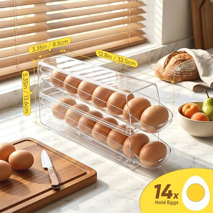 theaoo Auto Rolling Egg Dispenser for Refrigerator with Quick Removable Inner Tray, Space-Saving Egg Organizer and Holder, Egg Storage Container for Fridge, Easy to Load and Grab Eggs (1 Pack)
