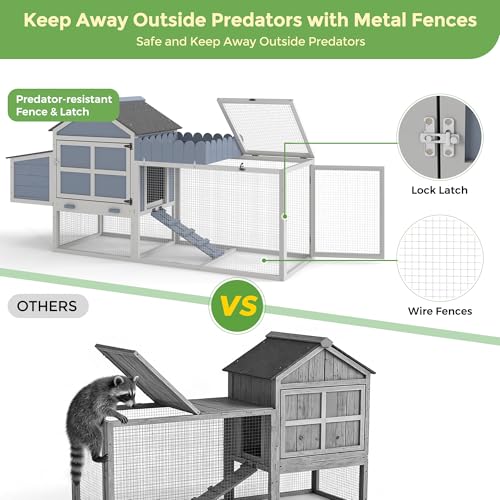COZIWOW Outdoor Chicken Coop, Wooden Hen House with Nesting Box, Run, Resting Room, Ramp, Pull-Out Tray, Weatherproof, Patio Garden Pen Hutch for Ducks Poultry Pets, Easy to Clean, Gray (Plant Fence)
