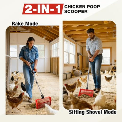 Chicken Poop Scooper for Sand & Rake 2-in-1, Metal Chicken coop Scoop with 35 to 76" Adjustable Aluminum Alloy Handle, Litter Scooper Sand Sifting Shovel Chicken Coops/Animals House