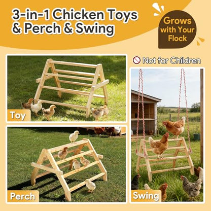 17" Extra Long Chicken Perch, 3-in-1 Chicken Roosting Bars with Swing, Natural Pine Wood Chicken Roost, Chicken Coop Accessory for Hens, Chicks, Parrots & Other Birds