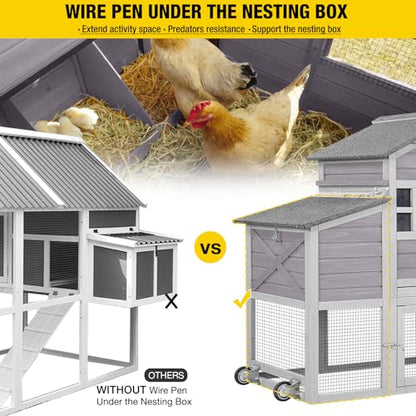 Aivituvin Chicken Coop Mobile Chicken House on Wheels Expandable Wooden Poultry Cage with Large Nesting Box Leakproof Pull-Out Tray Rabbit Hutch Bunny Cage,UV-Resistant Roof (Grey，AIR32) - size: 73.4"L x 27.9"W x 43.2"H
