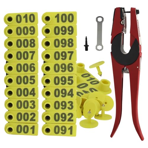 Livestock Ear Tag Pliers Tool, 001-100 Number Plastic Tags Sheep Ear Tag, with Spare Pins Ear Tag Applicator for Sheep Pig Livestock Dog Animal Deer Farm Horse Cow Cattle (Yellow) - color: Yellow
