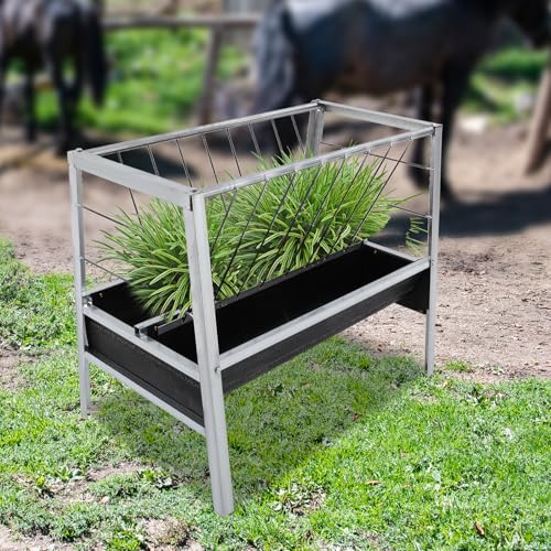 Pasture Hay Feeder, Heavy-Duty 24 Gallon Livestock Feed Trough with Grain Pan, Quick-Assemble Hay & Grain Feeder for Goats, Calves, Cows, Horses, Farm - Galvanized Steel