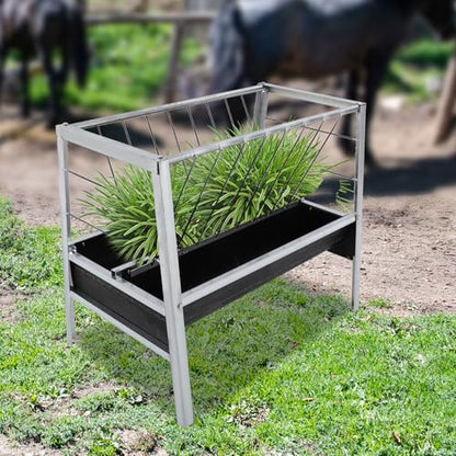 Pasture Hay Feeder, Heavy-Duty 24 Gallon Livestock Feed Trough with Grain Pan, Quick-Assemble Hay & Grain Feeder for Goats, Calves, Cows, Horses, Farm - Galvanized Steel
