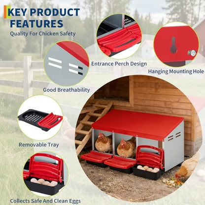 GAOMON 3 Compartment Metal Chicken Nesting Box with Roll Away Egg Collection Tray - Heavy Duty Galvanized Steel Hen Laying Boxes with Swing Perch, Wall Mount Poultry Nest Box for Chicken Coop & Farm