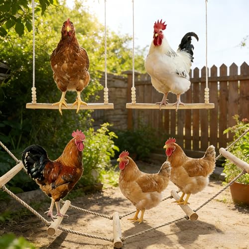 3 Pack Chicken Boredom Buster, Natural Wooden 2 Swing and Ladder Set for Coops, Essential Enrichment Accessories for Hens, Chickens and Parrots