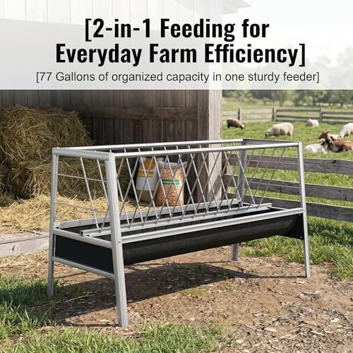 Stainless Steel Goat Feeder,2-in-1 Hay Feeder for Goats Sheep Calves Horses and Pastures, Anti-Waste Goat Feeder with Rubber Trough Livestock Feeder