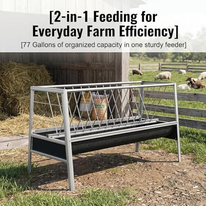 Stainless Steel Goat Feeder,2-in-1 Hay Feeder for Goats Sheep Calves Horses and Pastures, Anti-Waste Goat Feeder with Rubber Trough Livestock Feeder